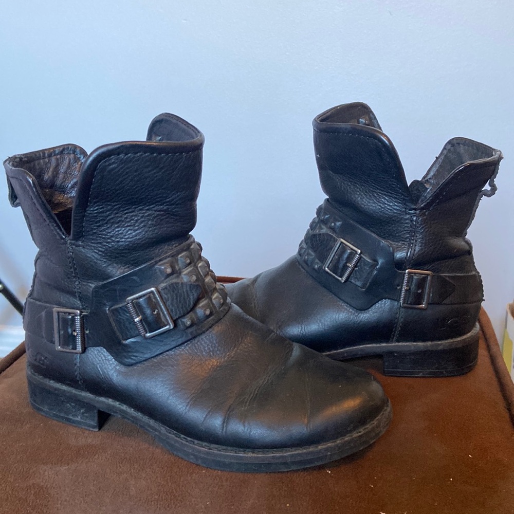 Uggs black leather studded moto booties